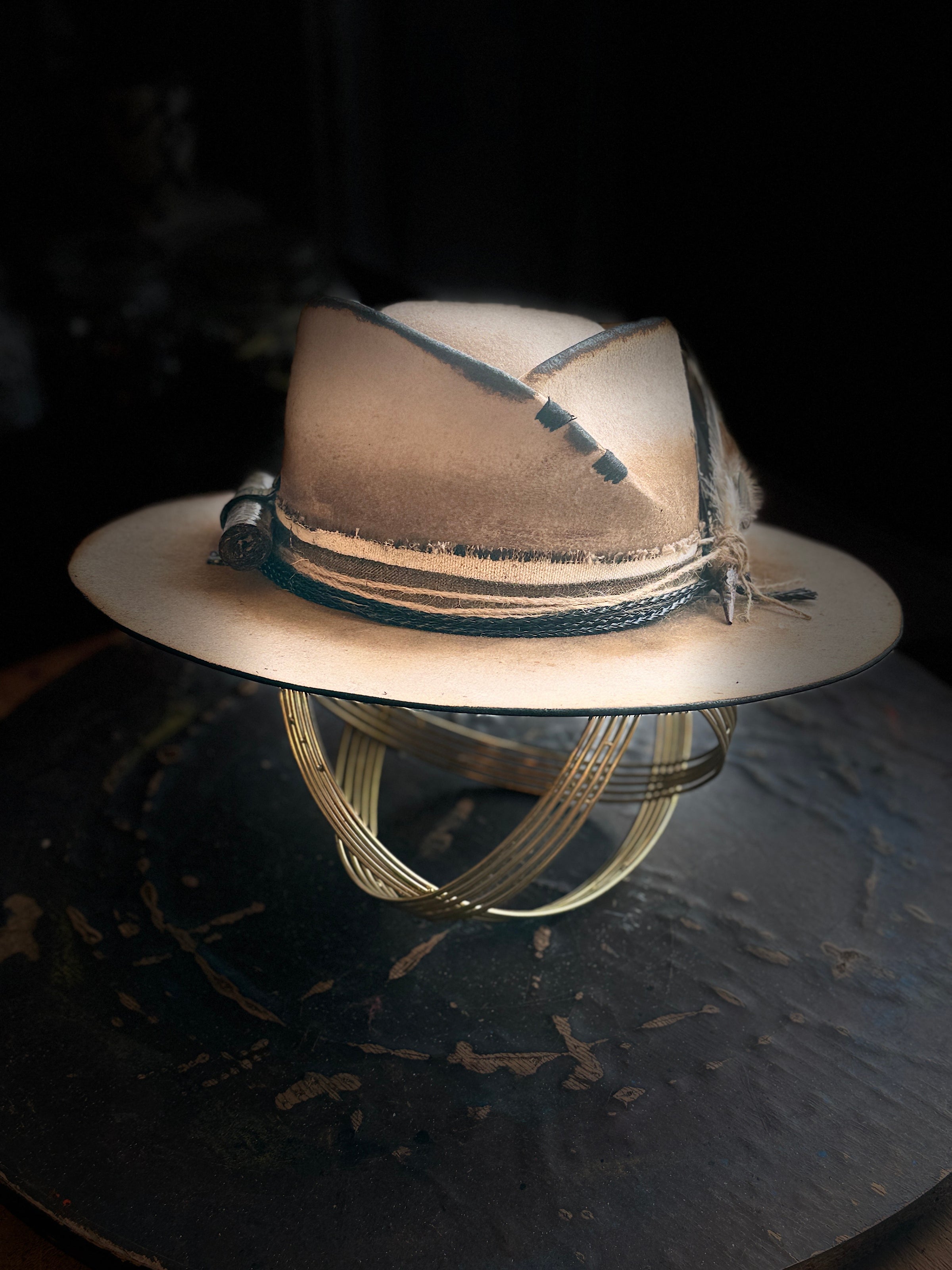 hat with cigarette holder Albouy (Millinery) 1953 Holder, Fashion Photography an elastic band for holding a lighter or matchbook Hat Hugger - Hands-free Cone